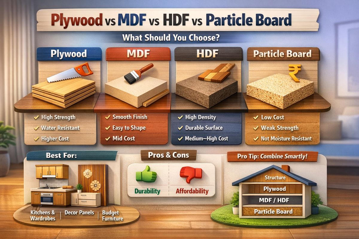 Plywood vs MDF vs HDF vs Particle Board (2026 India Guide): Which ...
