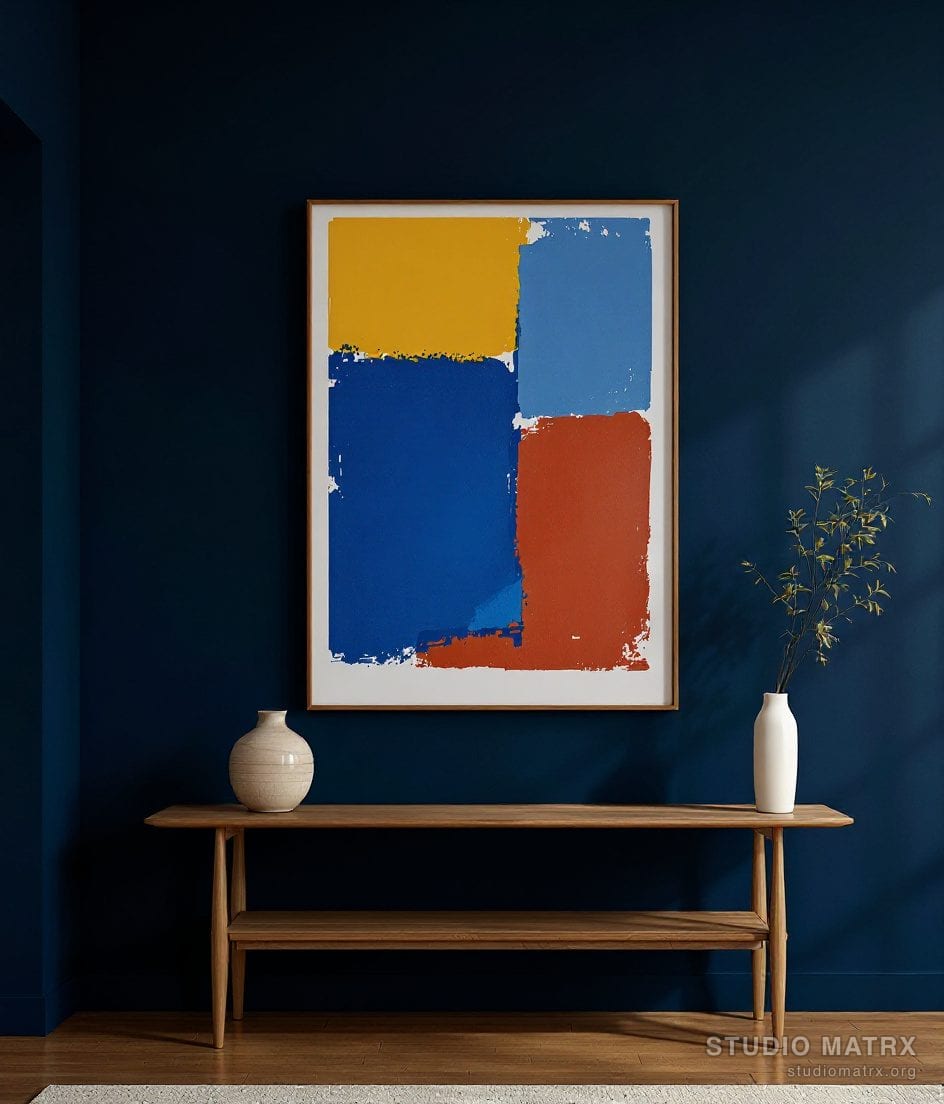 Bold Colour-Block Abstract Painting — Navy Wall