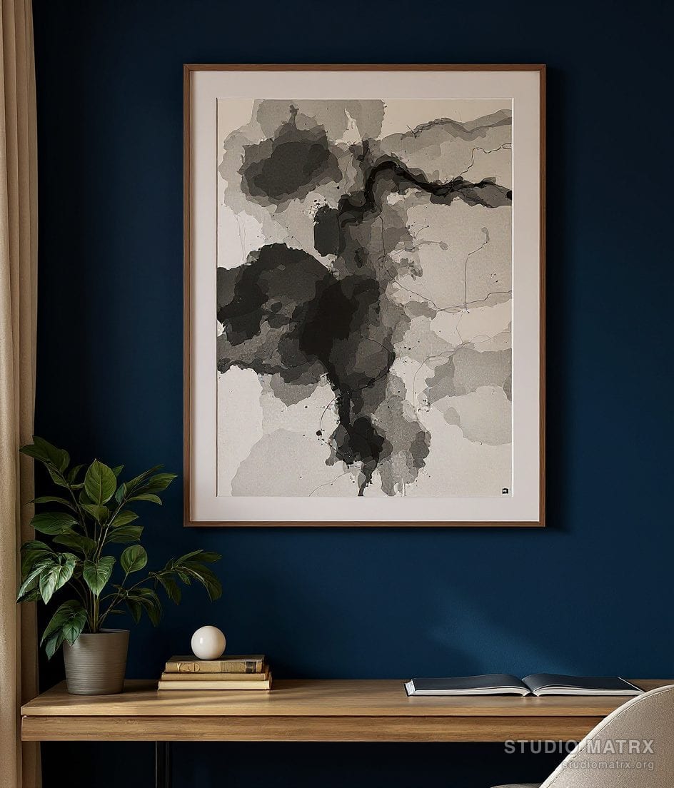 Charcoal Sketch Abstract — Navy Wall