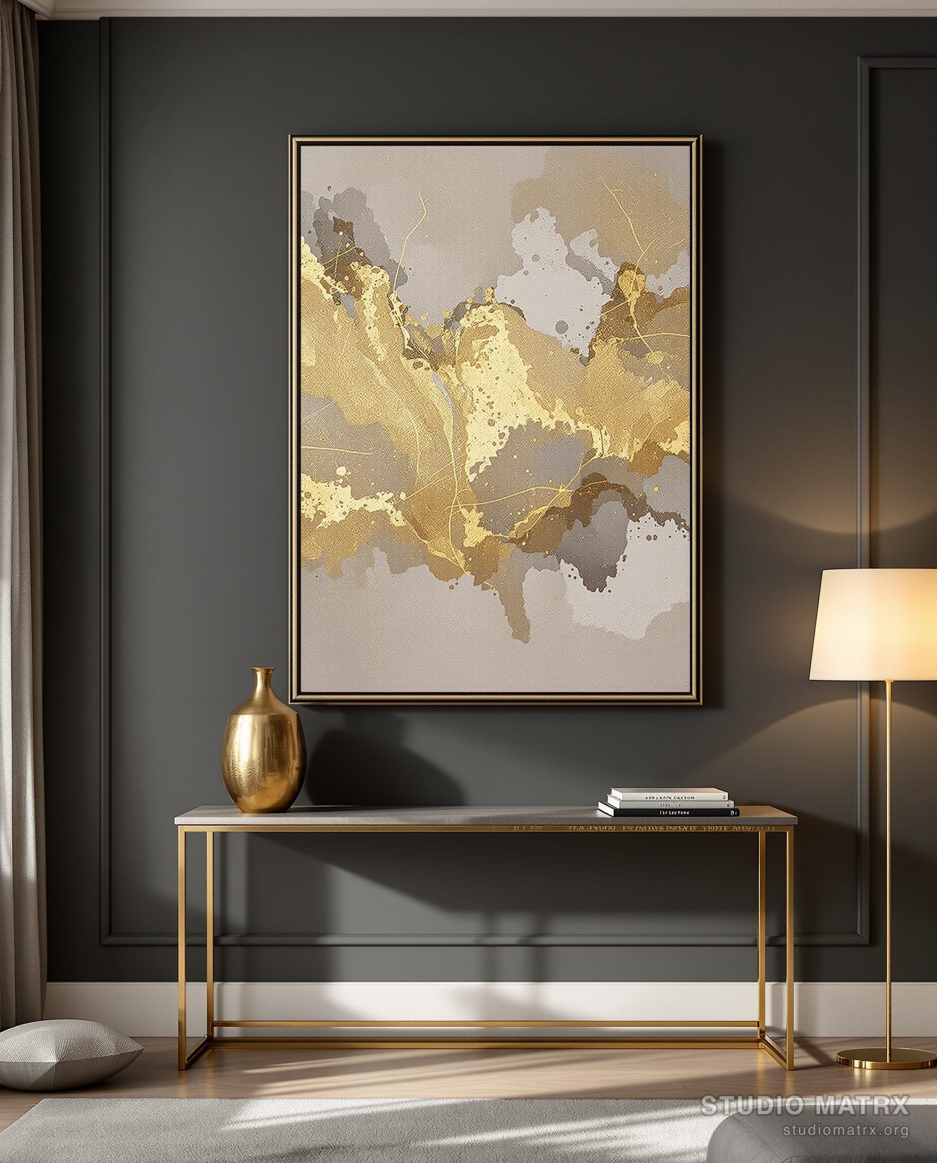 Gold-Leaf Abstract Painting — Charcoal Wall