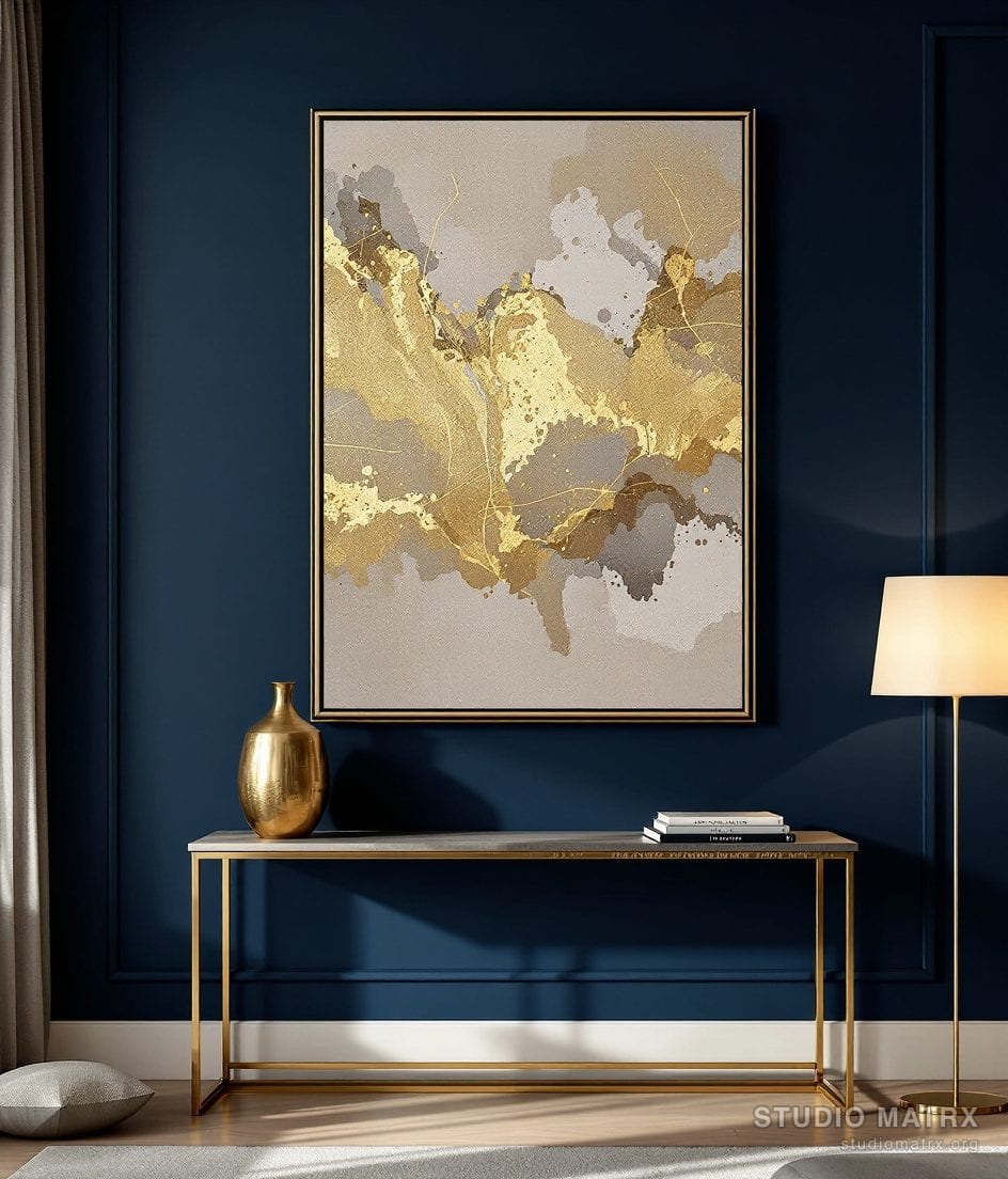 Gold-Leaf Abstract Painting — Navy Wall