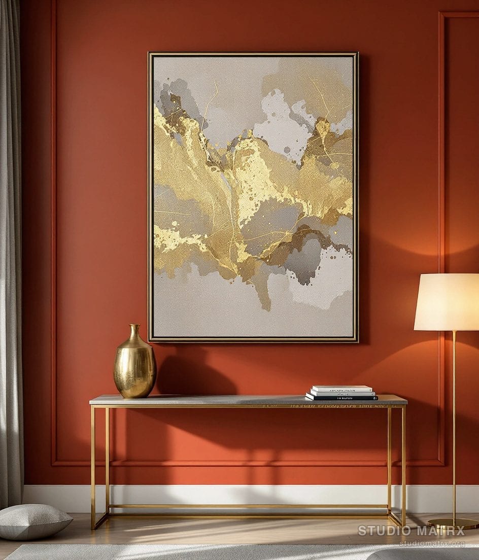 Gold-Leaf Abstract Painting — Terracotta Wall