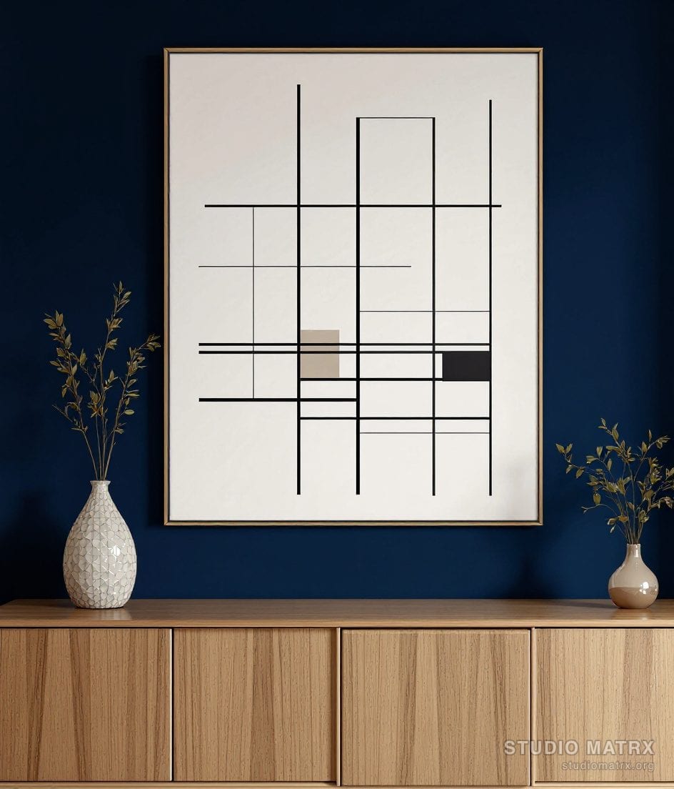 Grid Mondrian-Style Abstract — Navy Wall