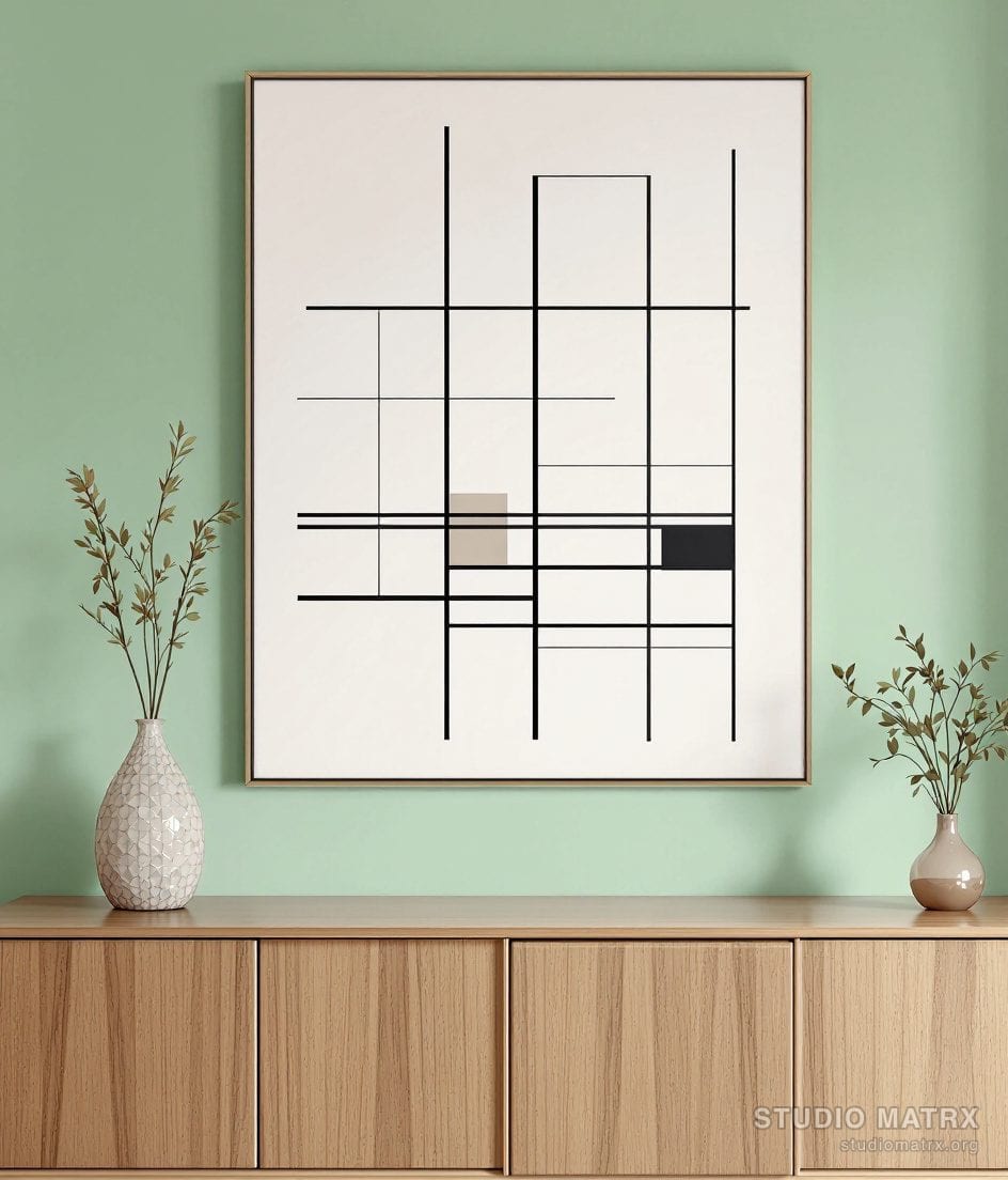 Grid Mondrian-Style Abstract — Sage Wall