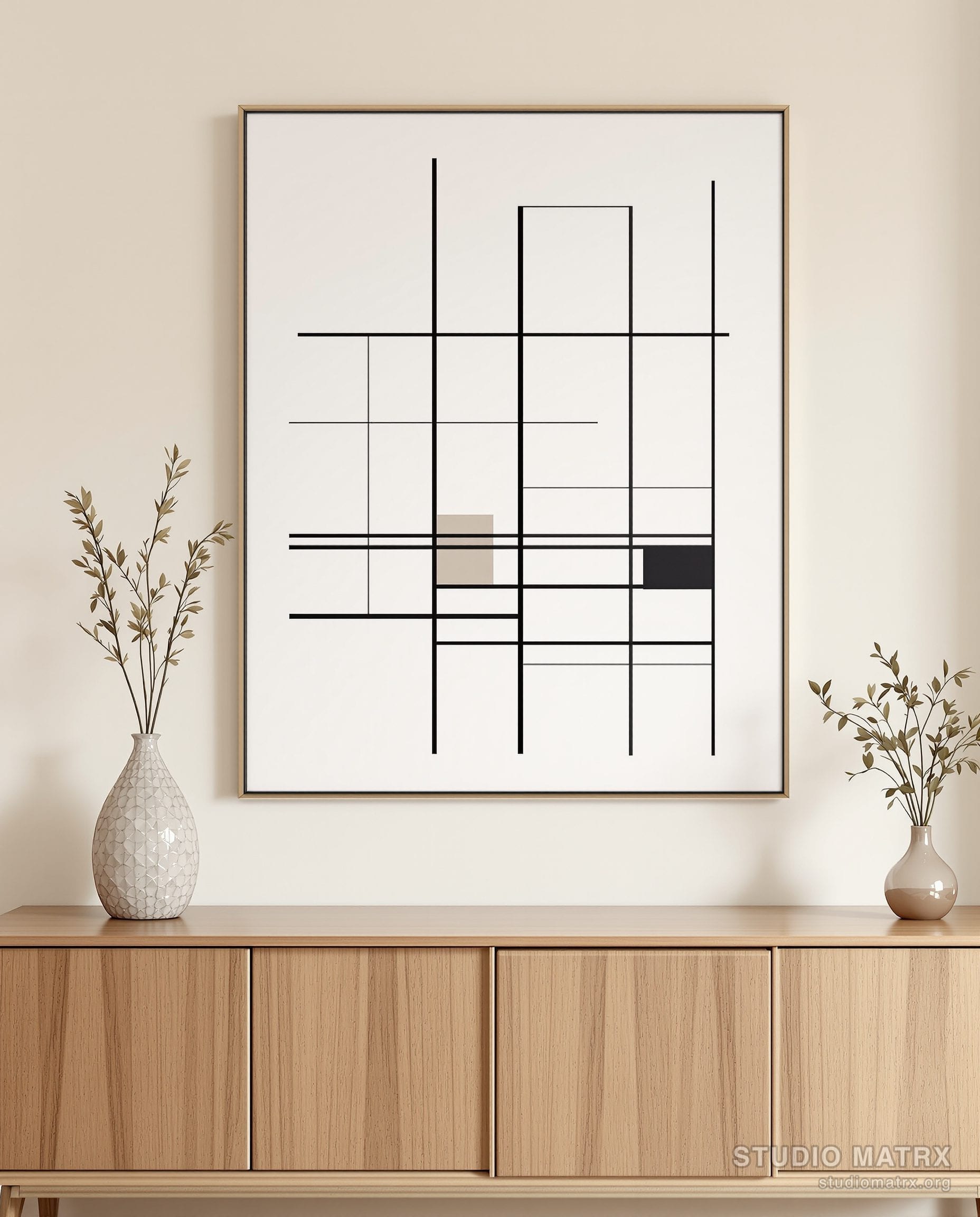 Grid Mondrian-Style Abstract — Warm White Wall
