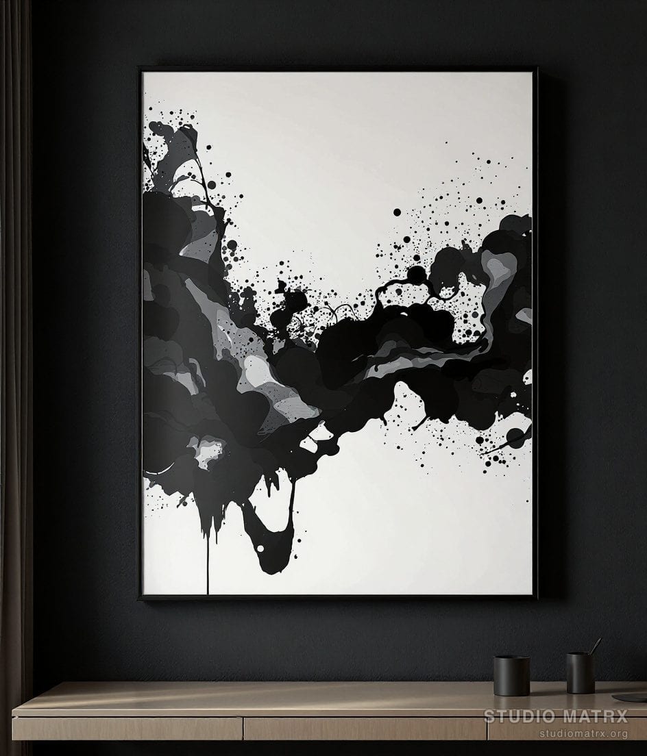 Monochrome Ink Abstract — Charcoal Wall