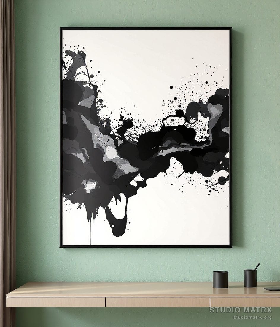 Monochrome Ink Abstract — Sage Wall