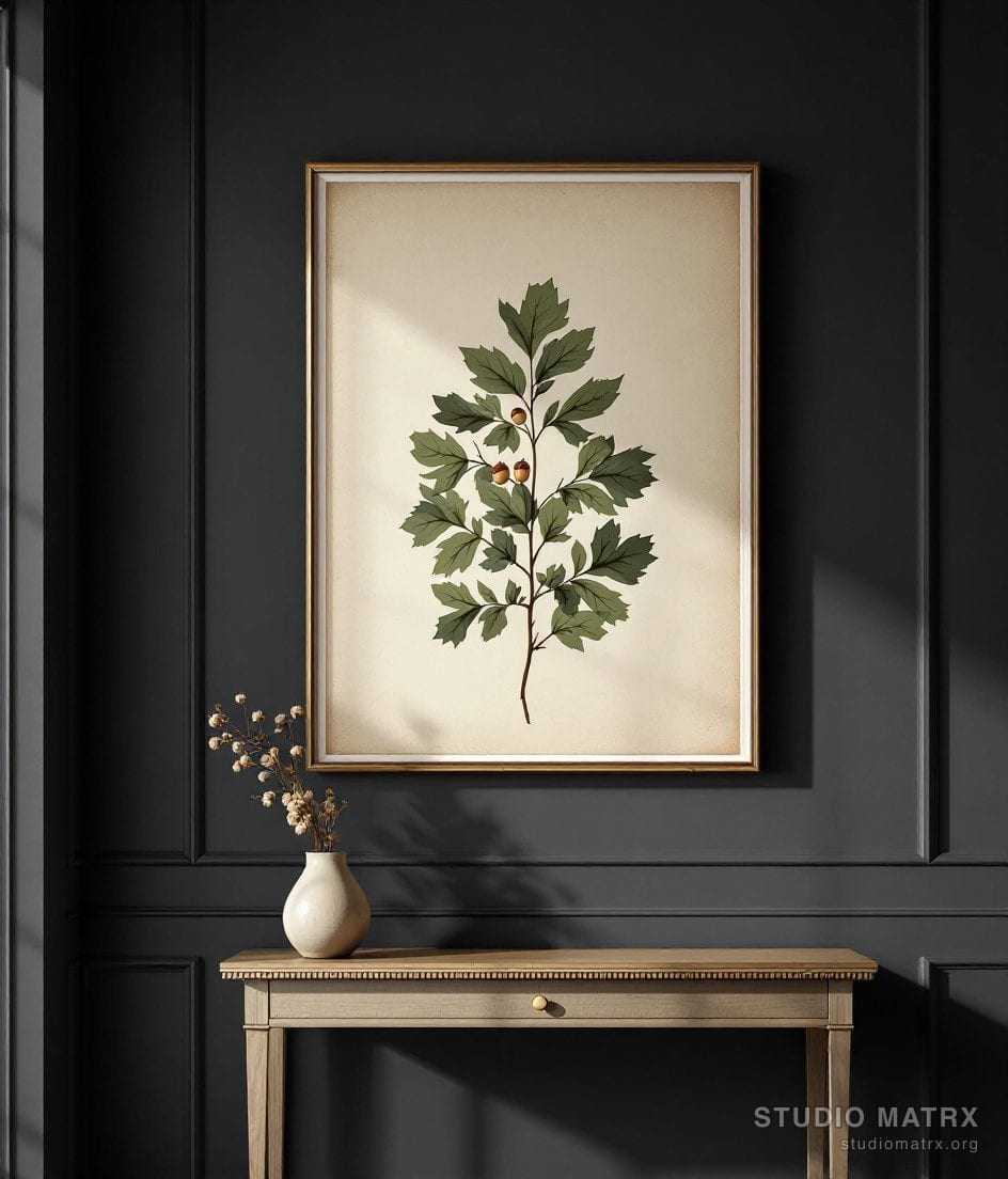 Antique Herbarium Leaf Plate — Charcoal Wall