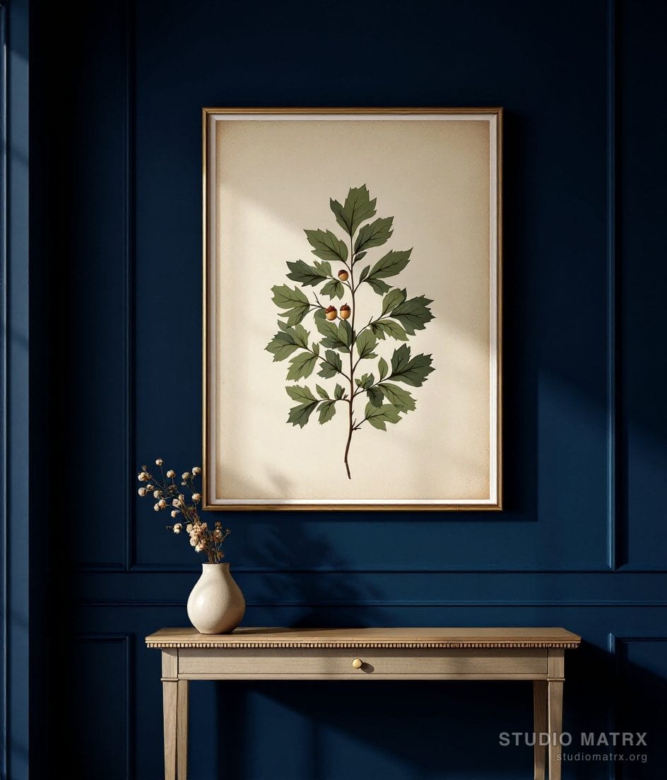 Antique Herbarium Leaf Plate — Navy Wall