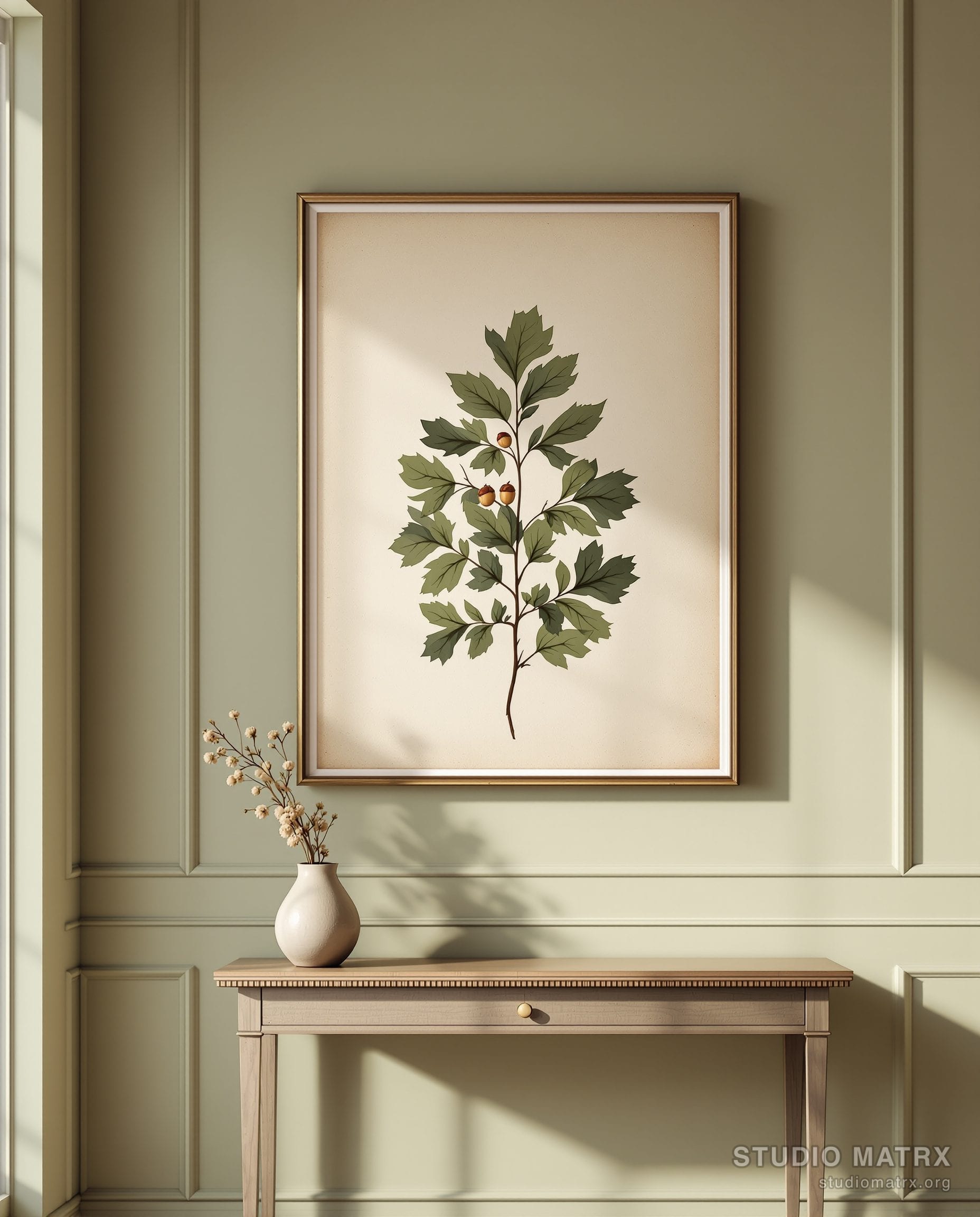 Antique Herbarium Leaf Plate — Sage Wall