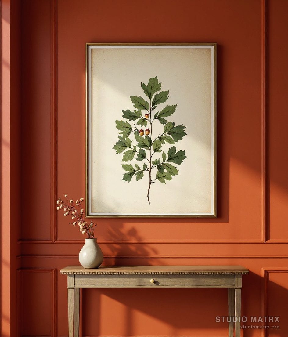 Antique Herbarium Leaf Plate — Terracotta Wall