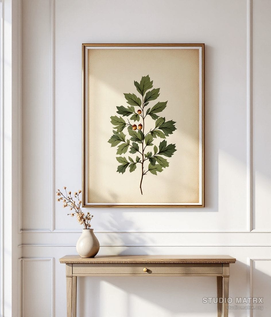 Antique Herbarium Leaf Plate — Warm White Wall