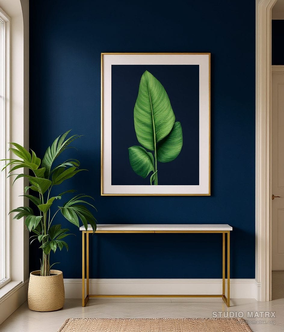 Bird Of Paradise Leaf Print — Navy Wall
