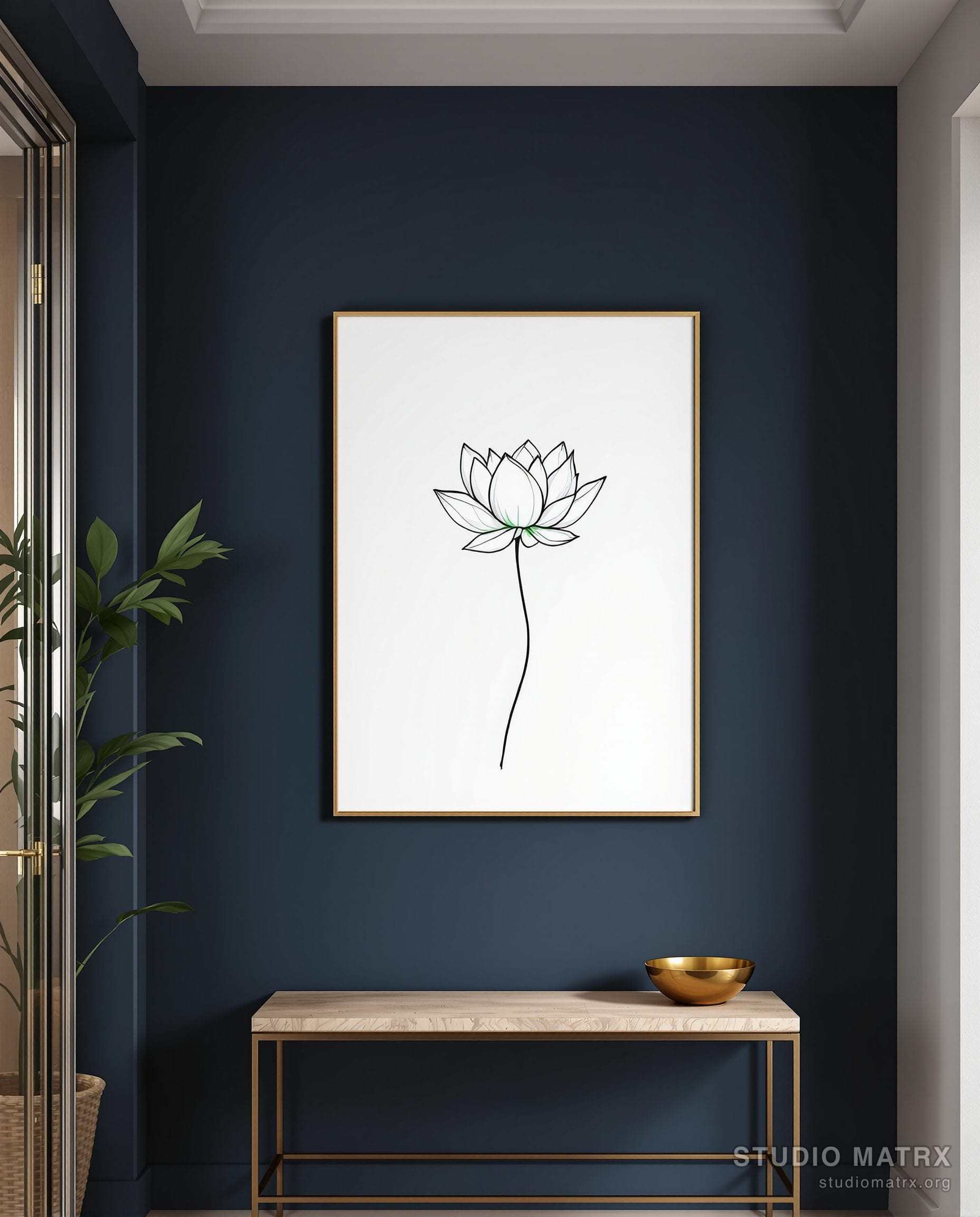 Ink Outline Lotus Line Art — Navy Wall