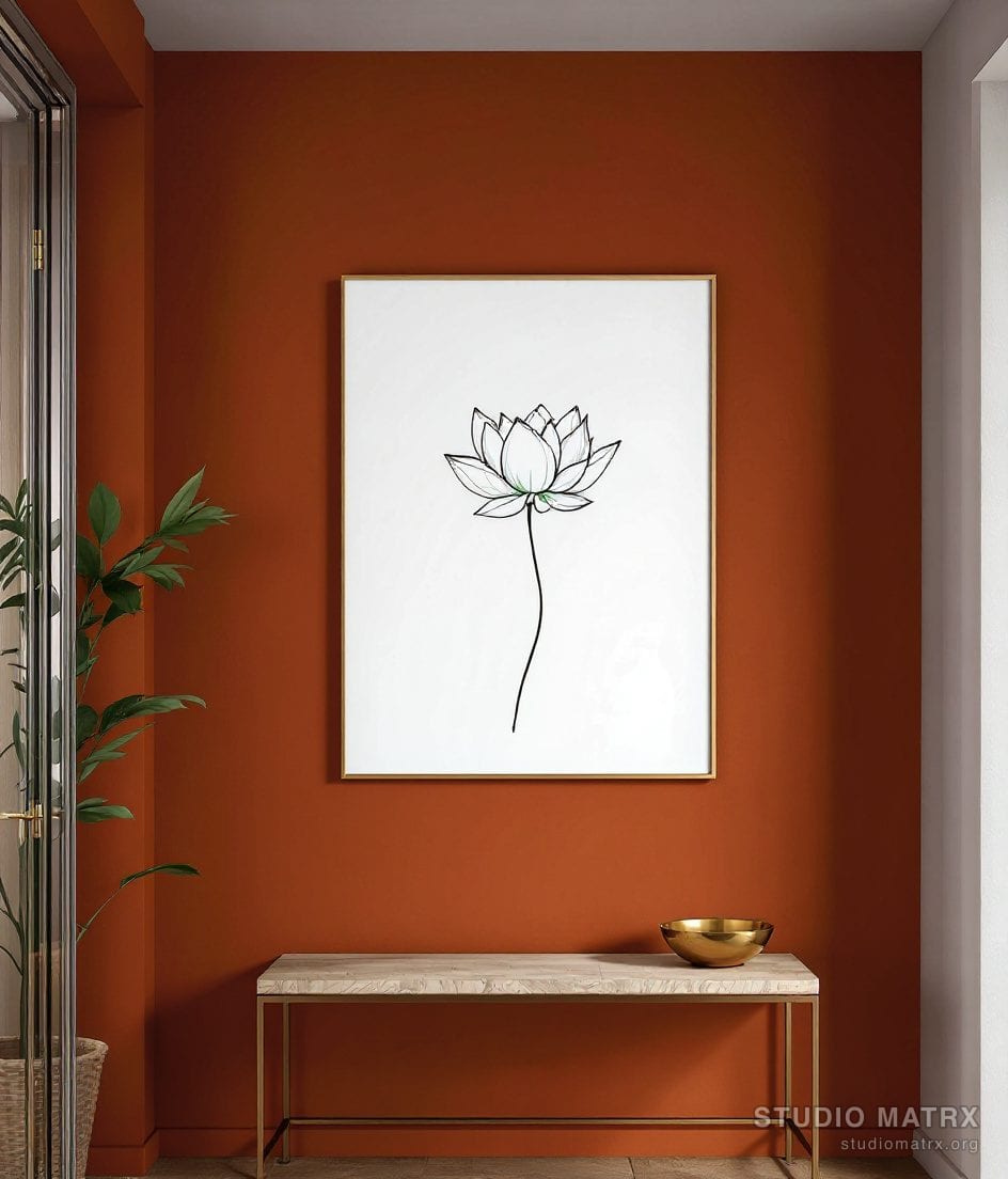 Ink Outline Lotus Line Art — Terracotta Wall