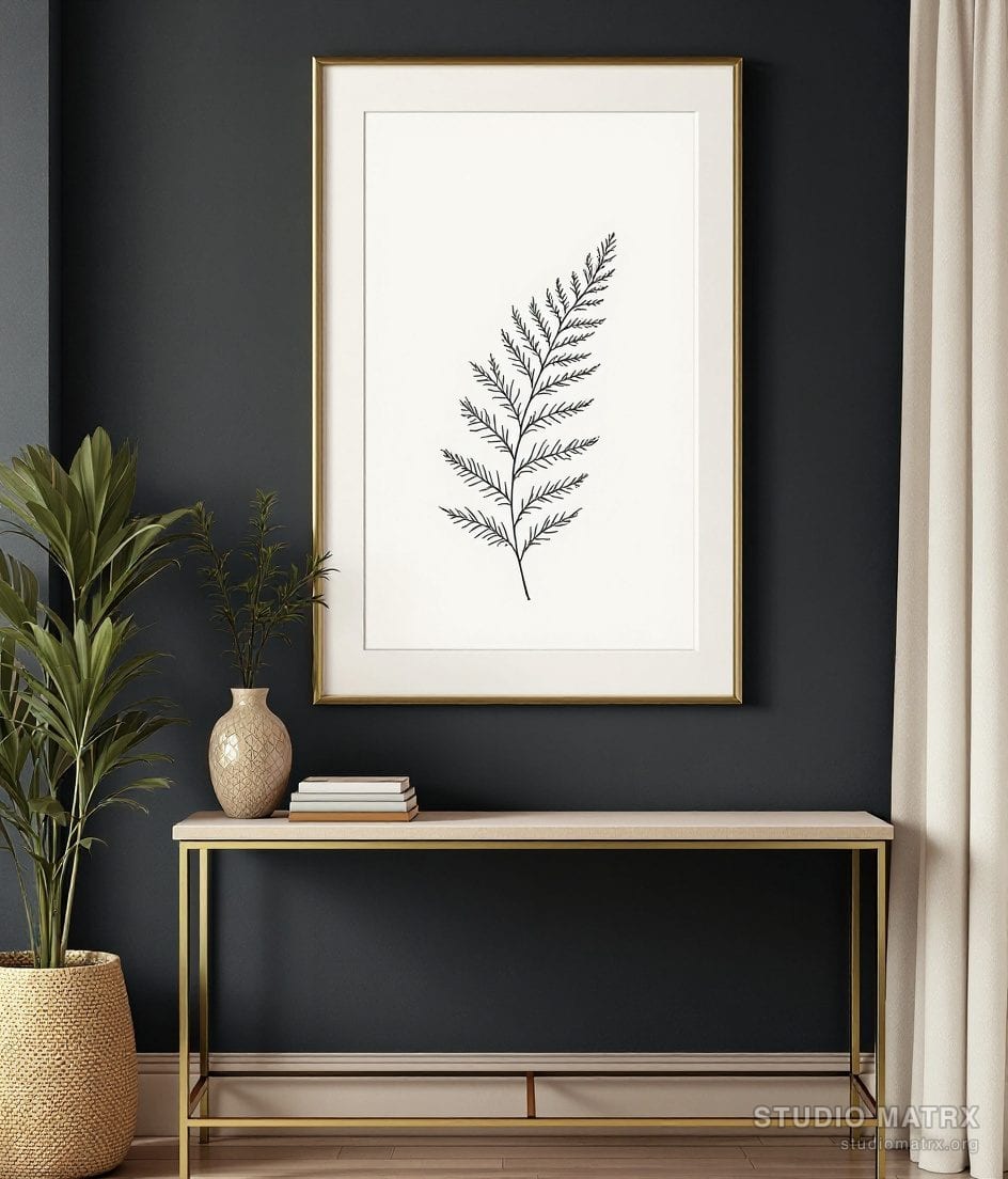 Line Art Fern Frond Sketch — Charcoal Wall