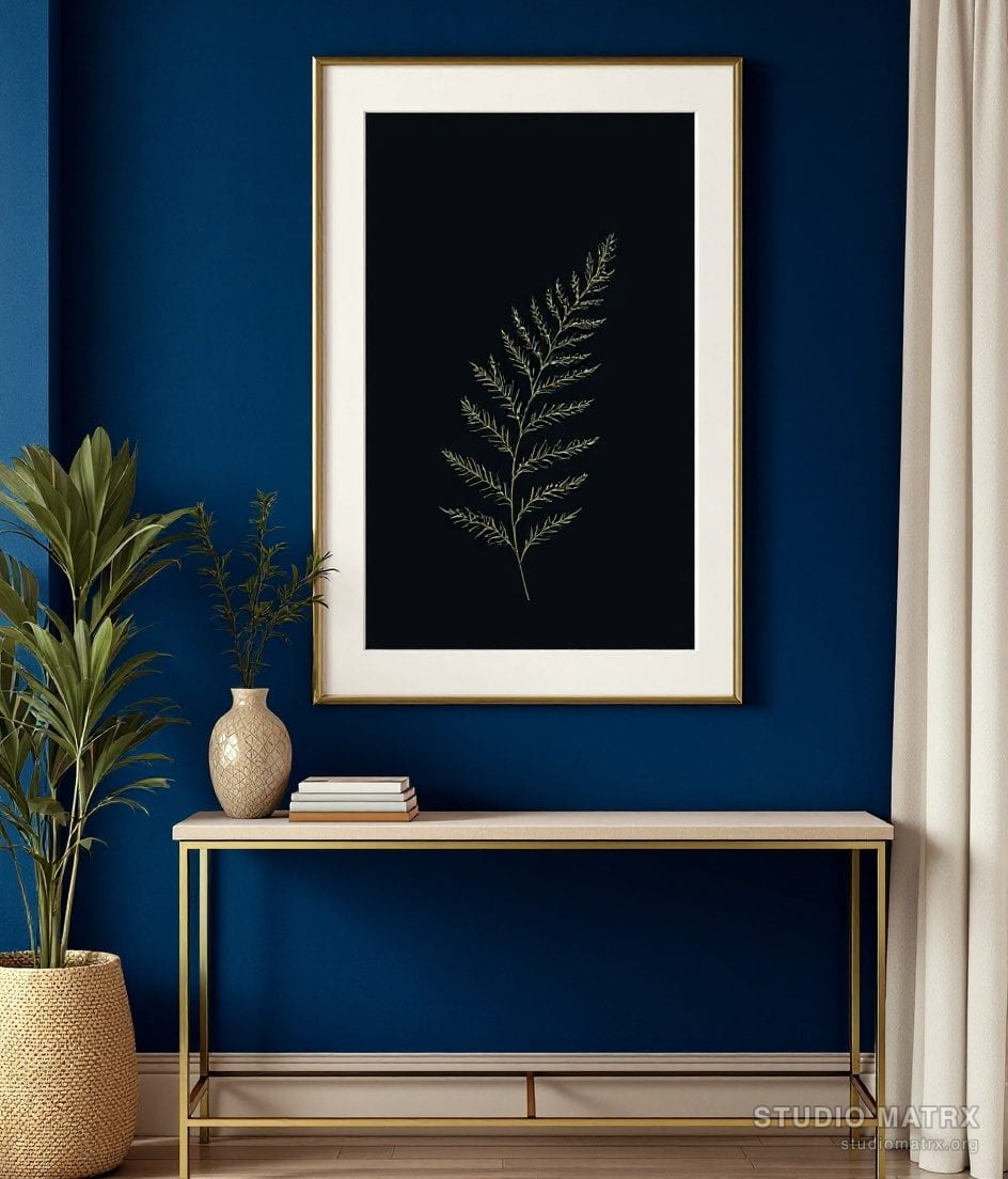 Line Art Fern Frond Sketch — Navy Wall