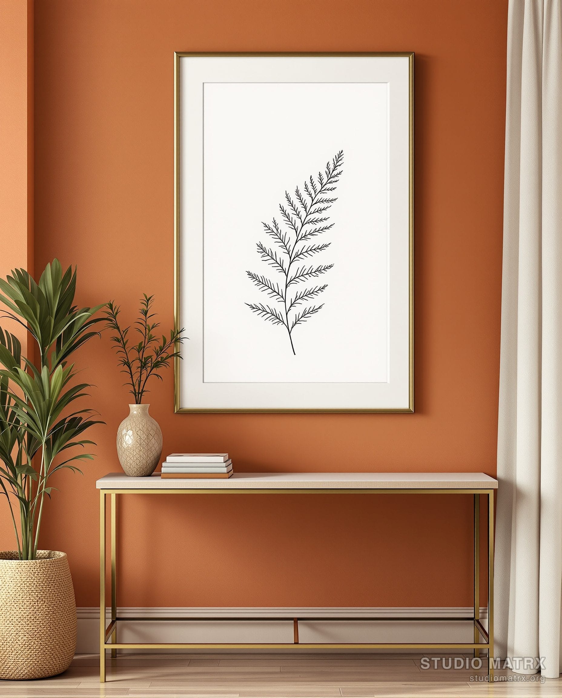 Line Art Fern Frond Sketch — Terracotta Wall