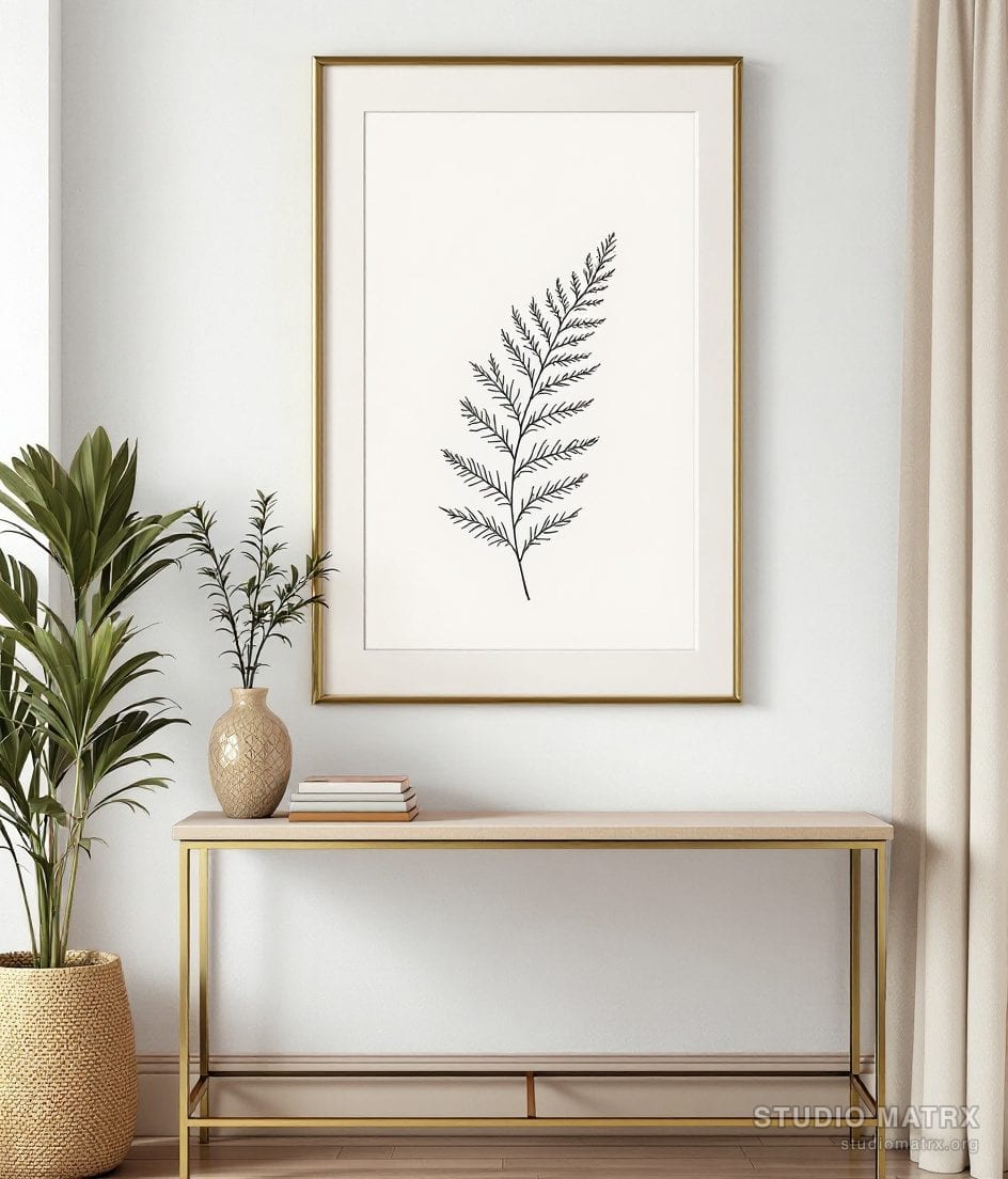 Line Art Fern Frond Sketch — Warm White Wall