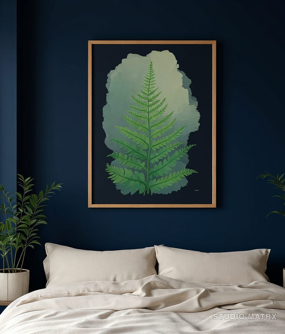 Loose Watercolour Fern Study — Navy Wall