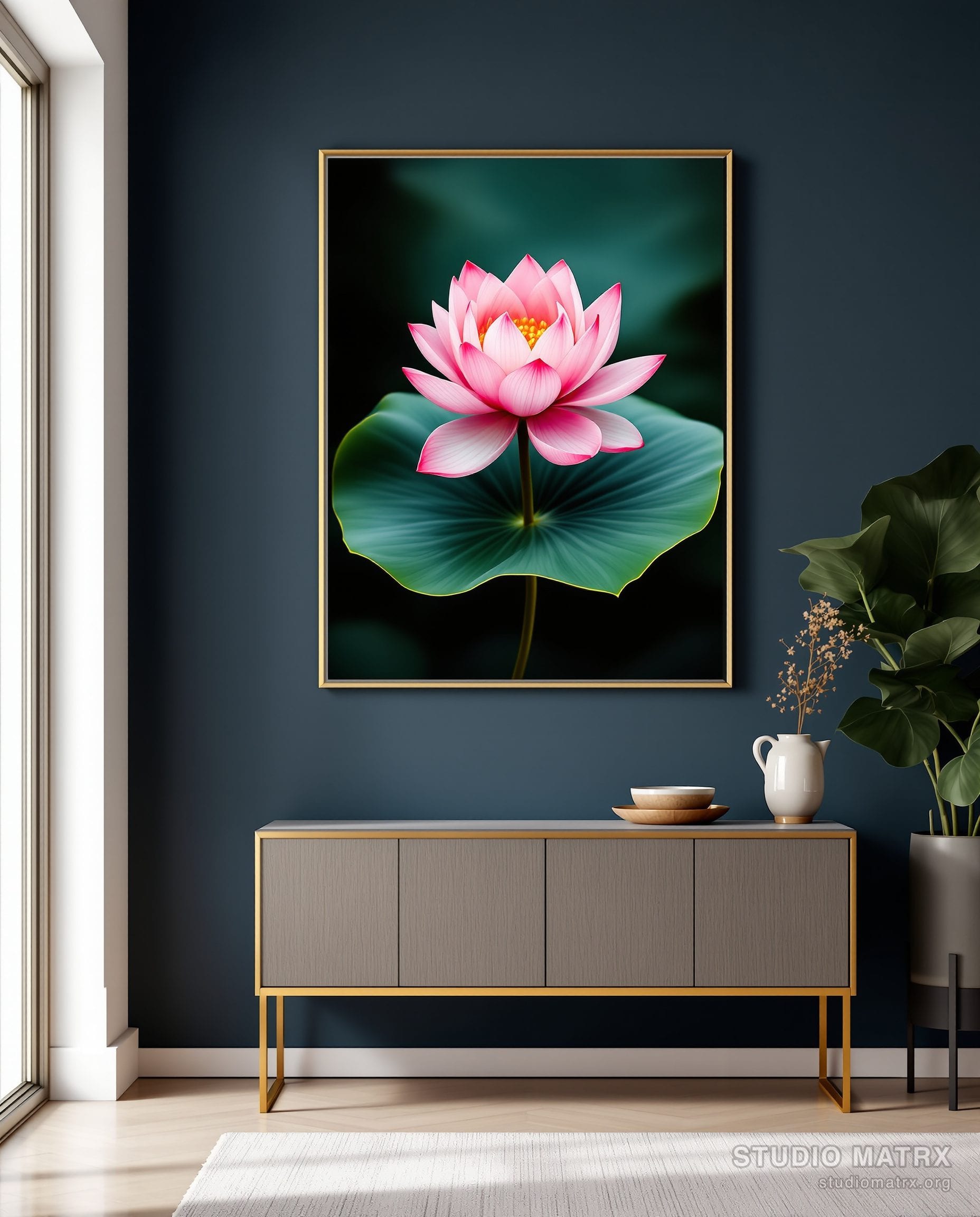 Lotus Flower Floral Print — Navy Wall