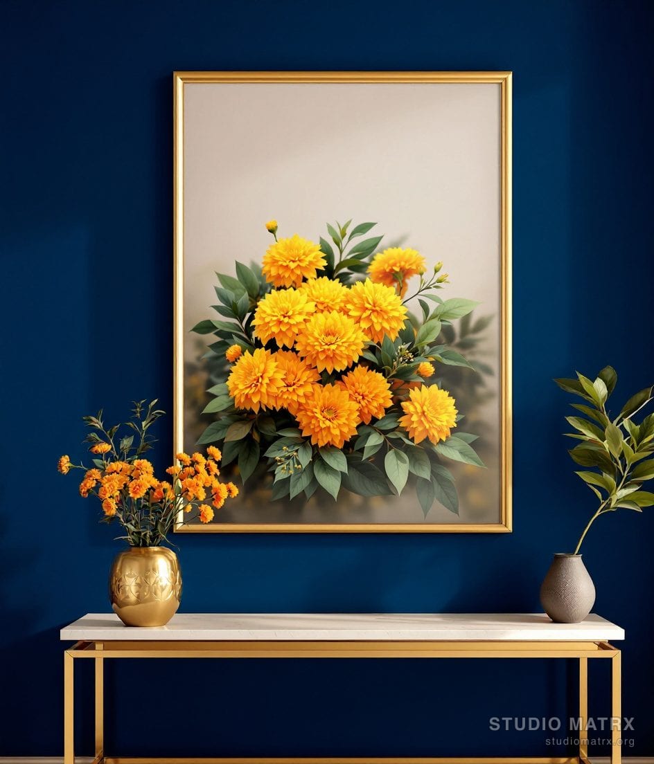 Marigold Bloom Floral Print — Navy Wall