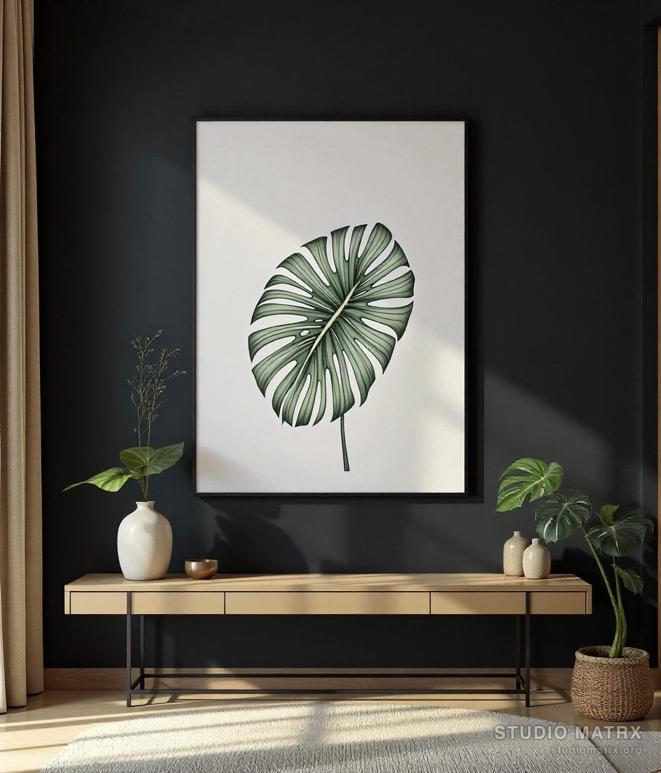 Minimalist Monstera Line Drawing — Charcoal Wall