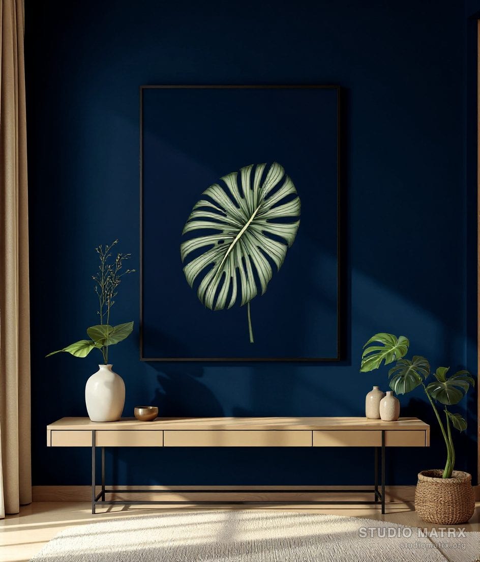 Minimalist Monstera Line Drawing — Navy Wall
