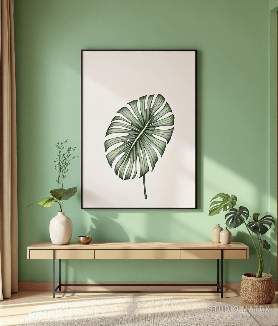Minimalist Monstera Line Drawing — Sage Wall