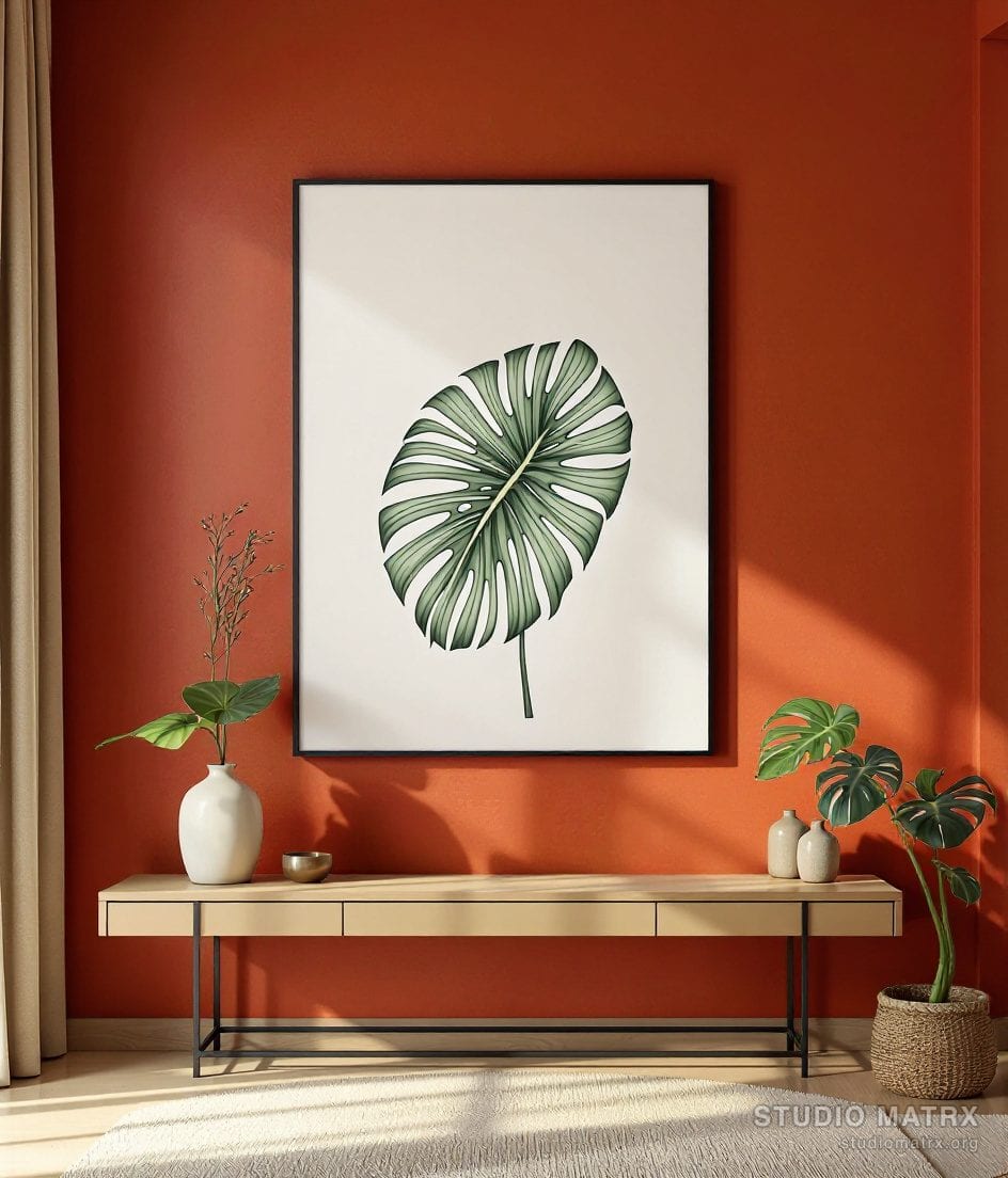 Minimalist Monstera Line Drawing — Terracotta Wall