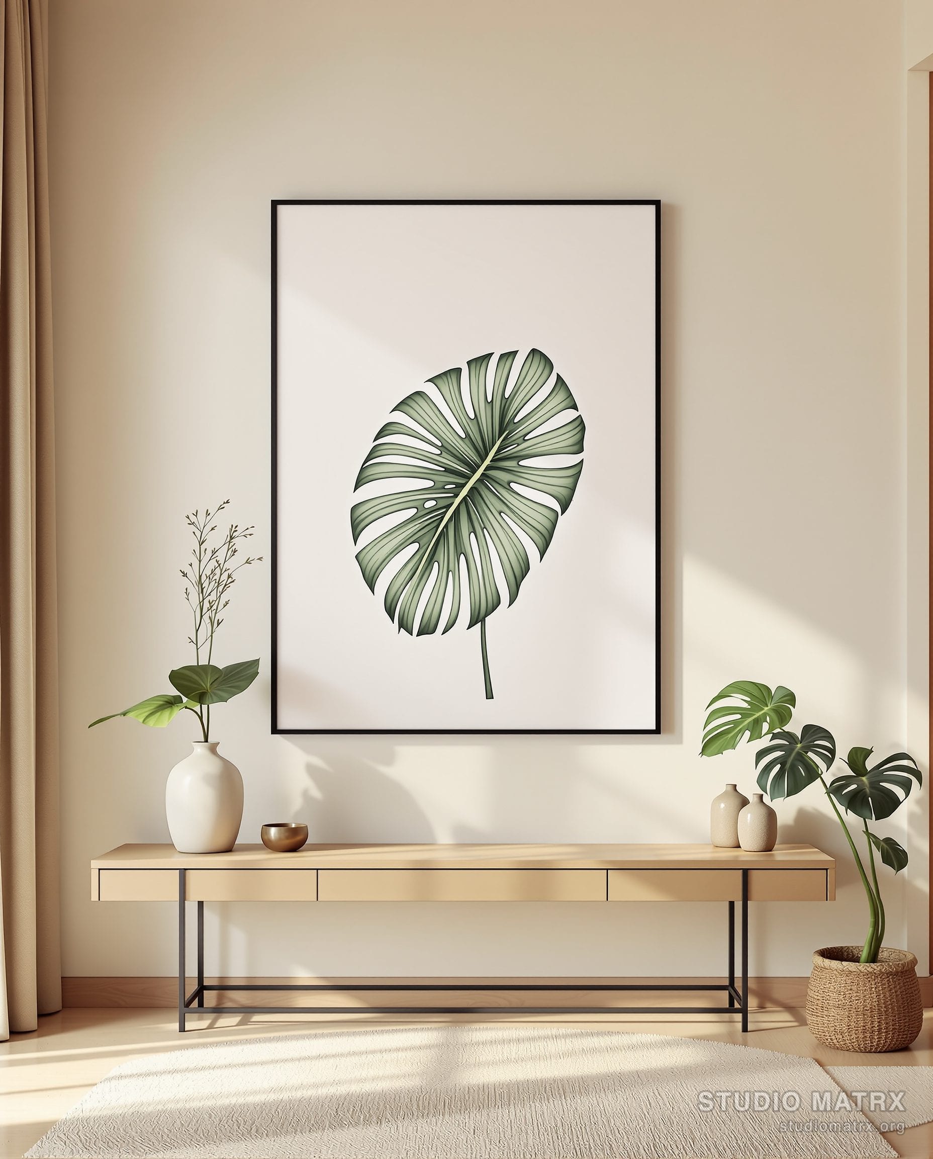 Minimalist Monstera Line Drawing — Warm White Wall