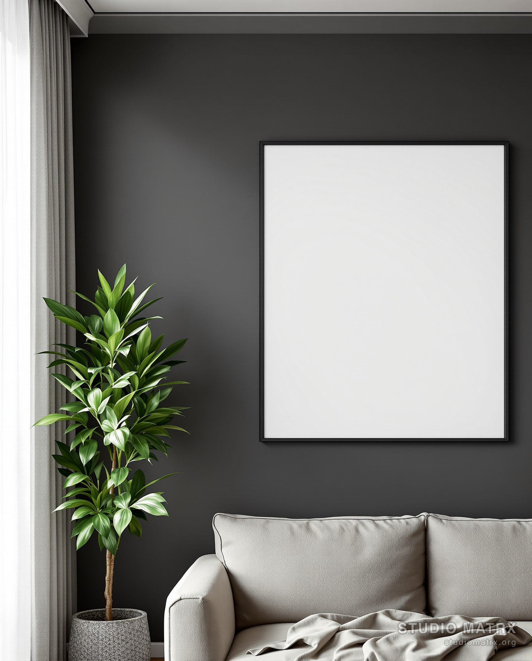 Negative Space Leaf Line Print — Charcoal Wall