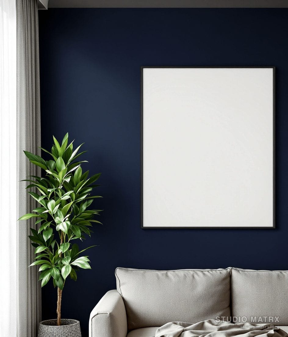 Negative Space Leaf Line Print — Navy Wall