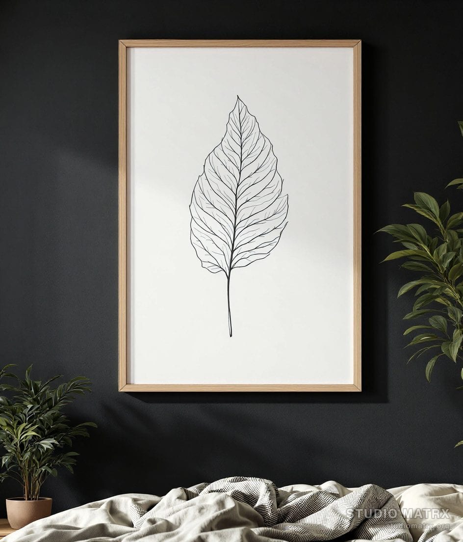 Single Leaf Line Art Print — Charcoal Wall