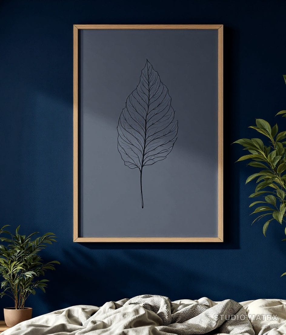Single Leaf Line Art Print — Navy Wall