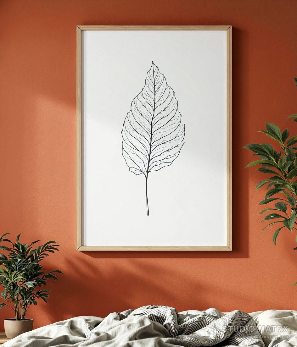 Single Leaf Line Art Print — Terracotta Wall