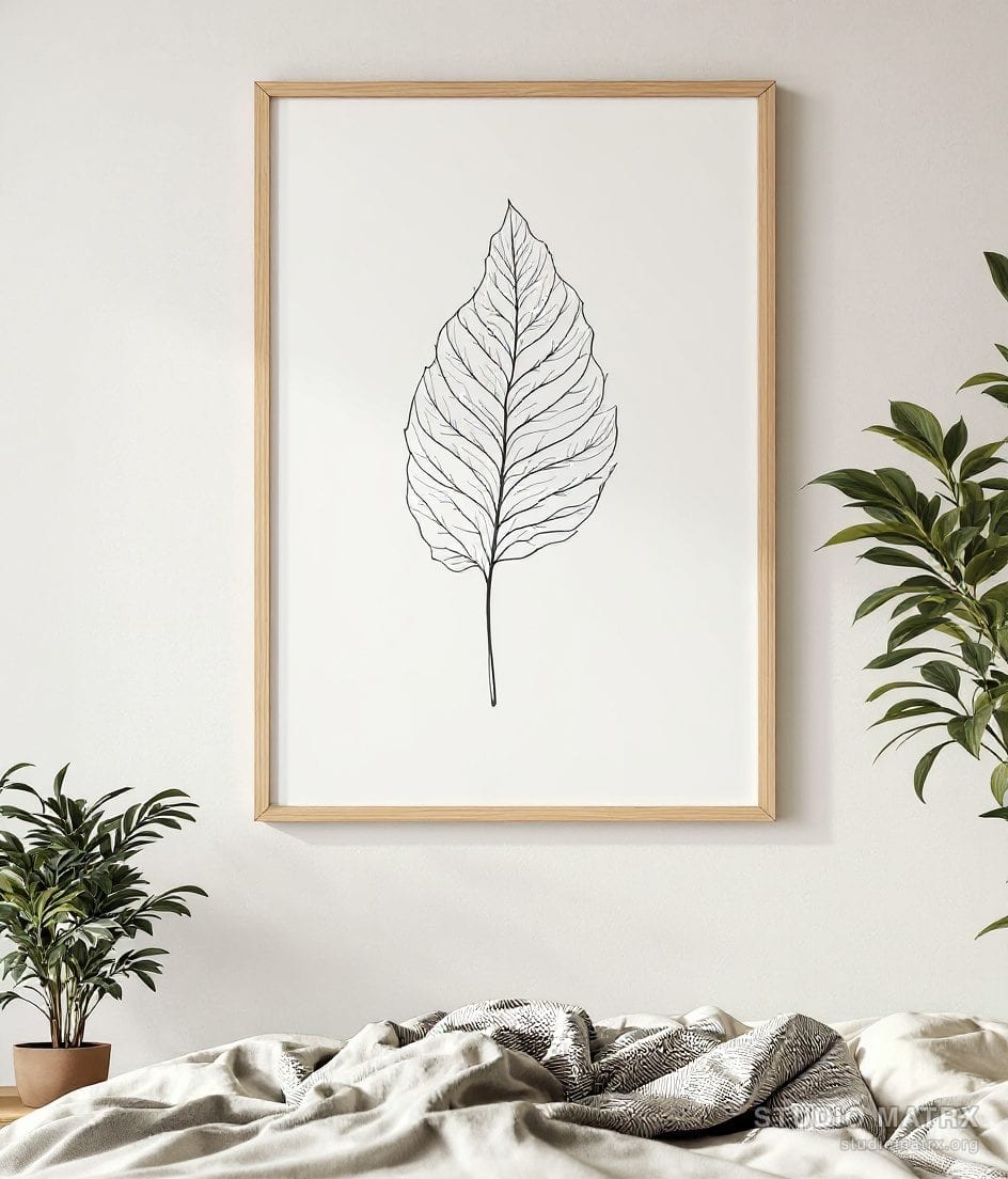 Single Leaf Line Art Print — Warm White Wall