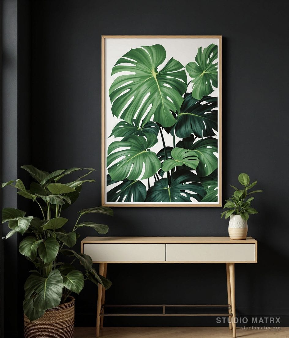 Tropical Monstera Leaf Print — Charcoal Wall