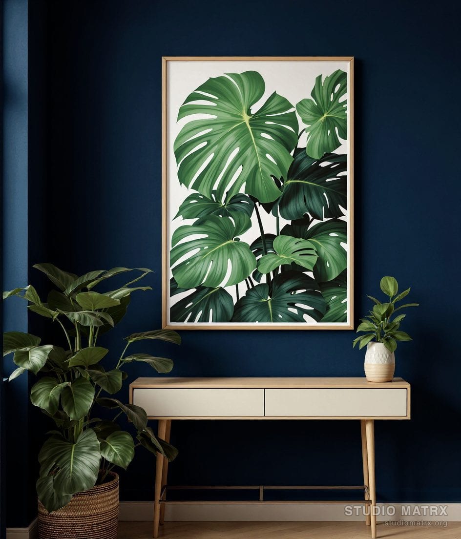Tropical Monstera Leaf Print — Navy Wall