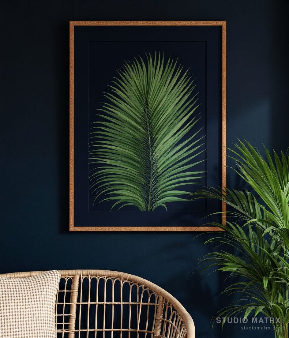 Tropical Palm Leaf Art Print — Navy Wall