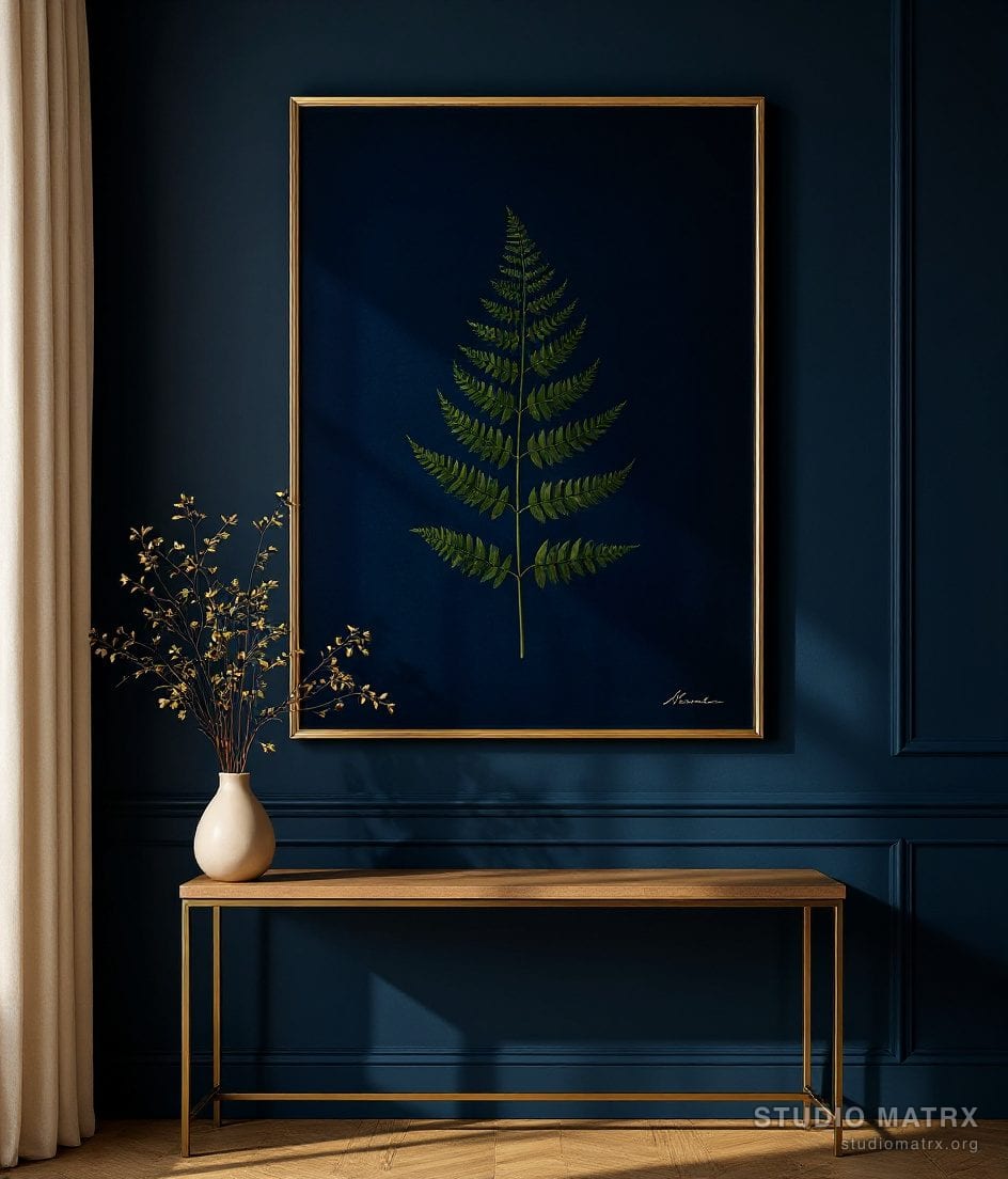 Vintage Botanical Fern Print — Navy Wall