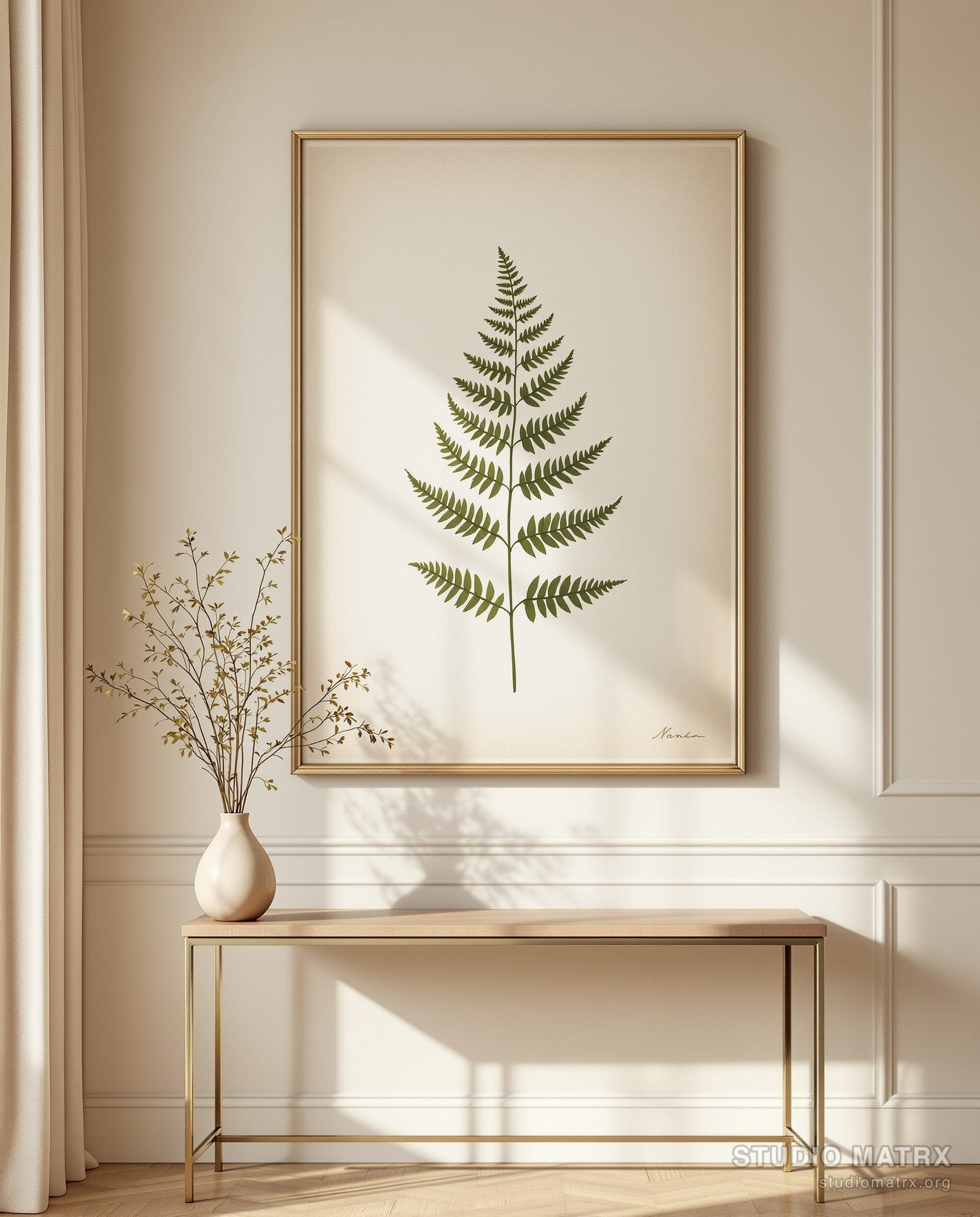 Vintage Botanical Fern Print — Warm White Wall