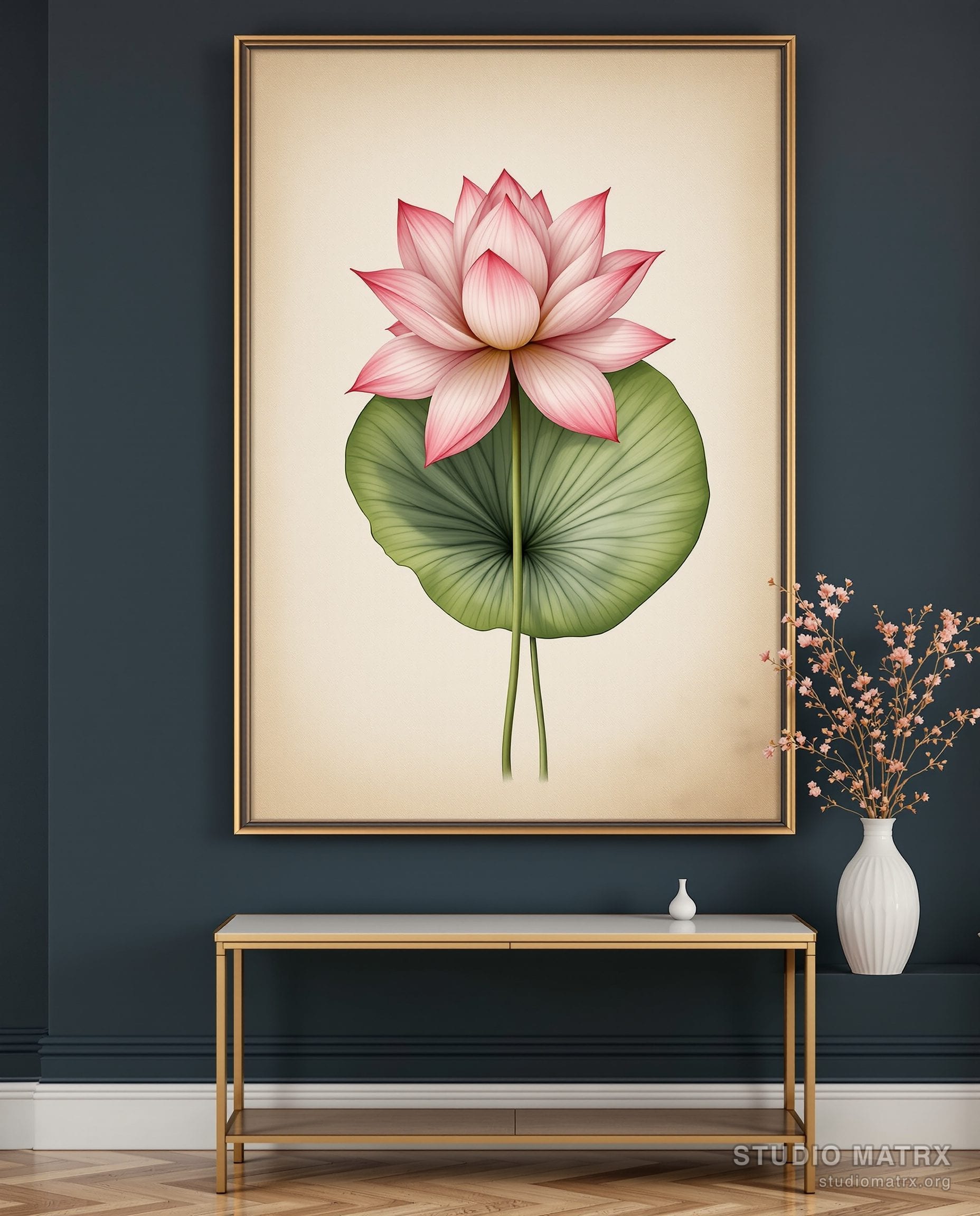 Vintage Lotus Botanical Plate — Navy Wall