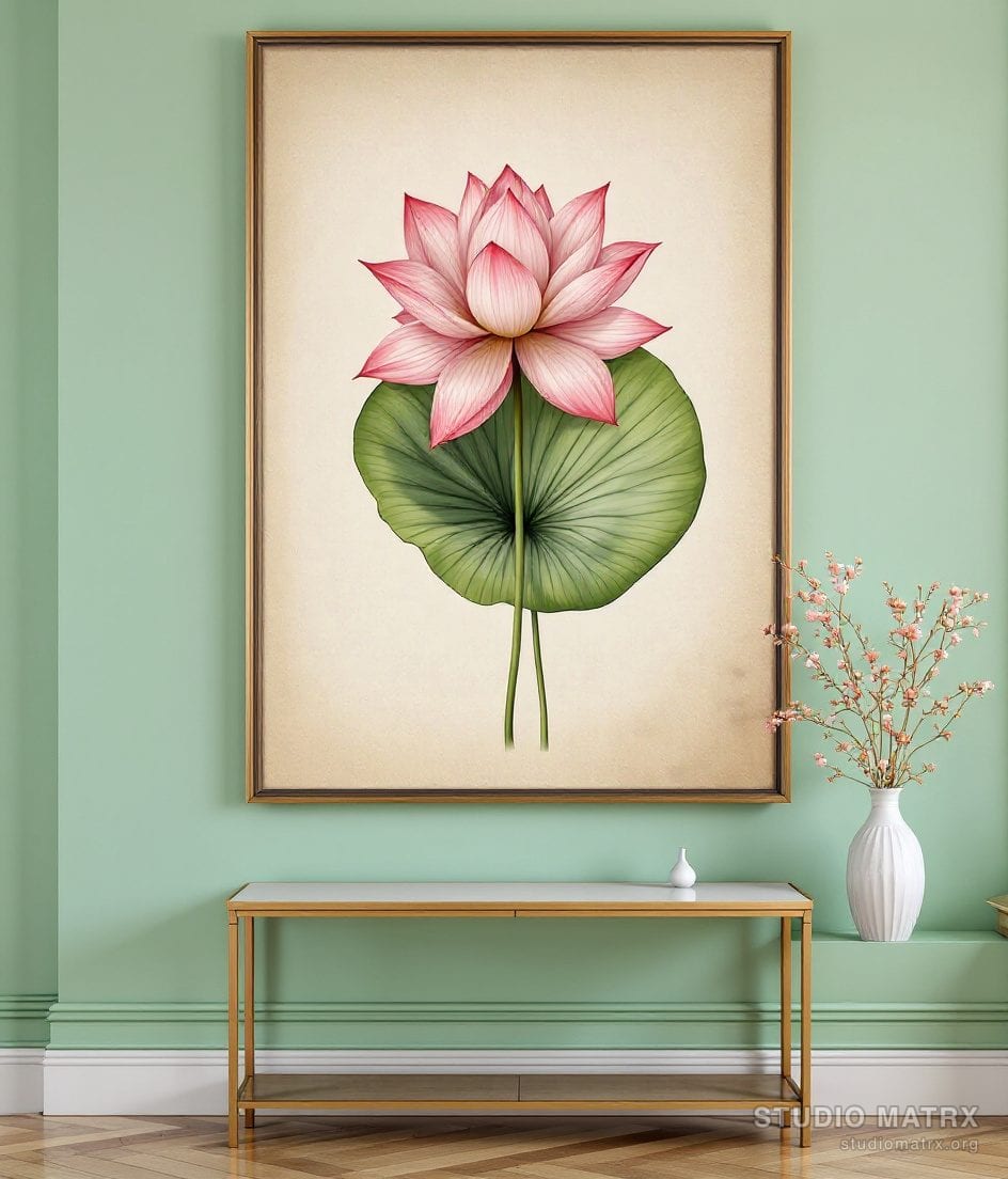 Vintage Lotus Botanical Plate — Sage Wall