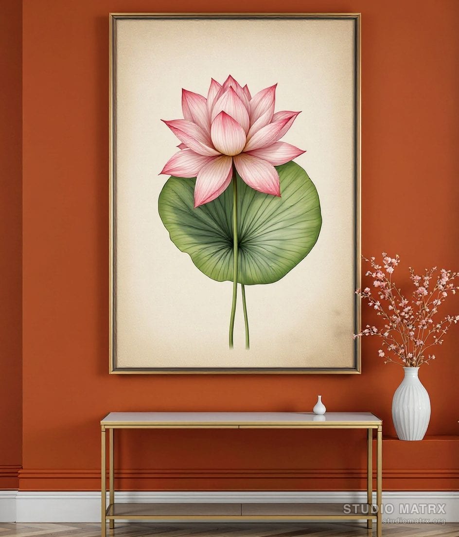 Vintage Lotus Botanical Plate — Terracotta Wall