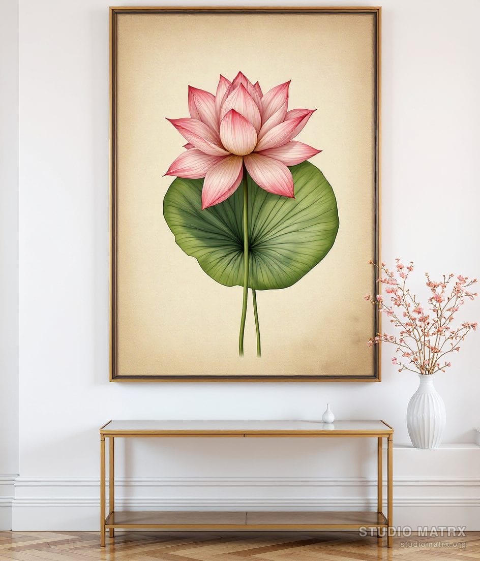 Vintage Lotus Botanical Plate — Warm White Wall