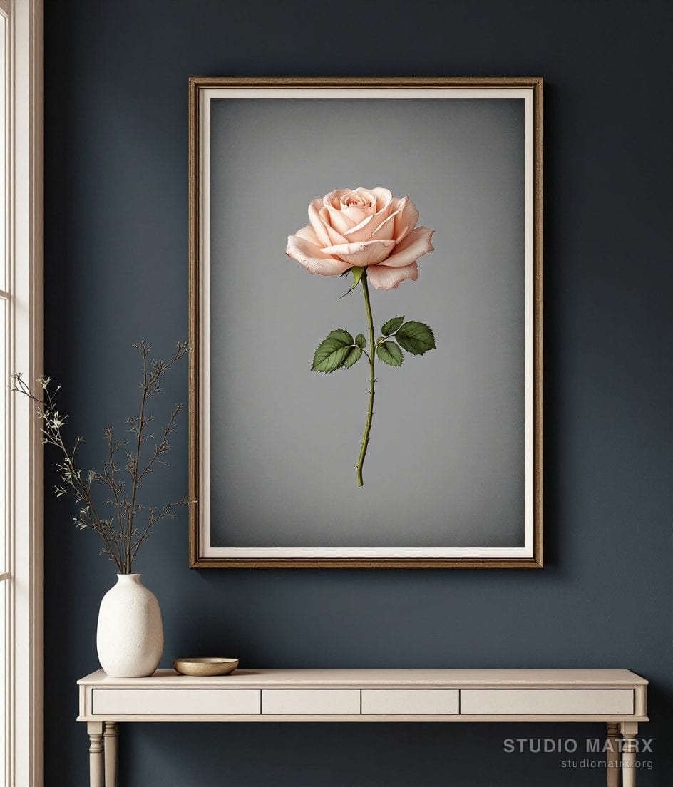 Vintage Rose Engraving Print — Charcoal Wall