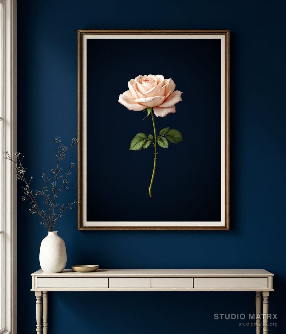 Vintage Rose Engraving Print — Navy Wall