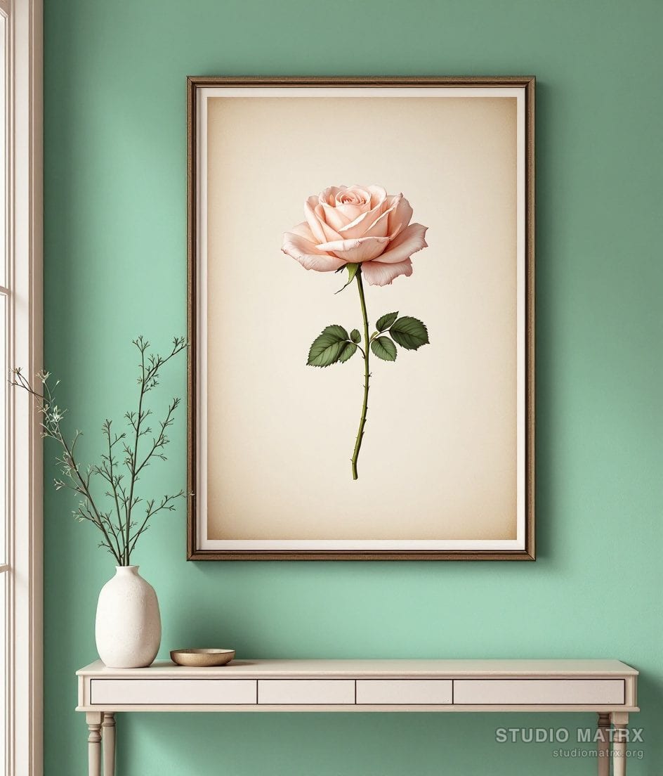 Vintage Rose Engraving Print — Sage Wall