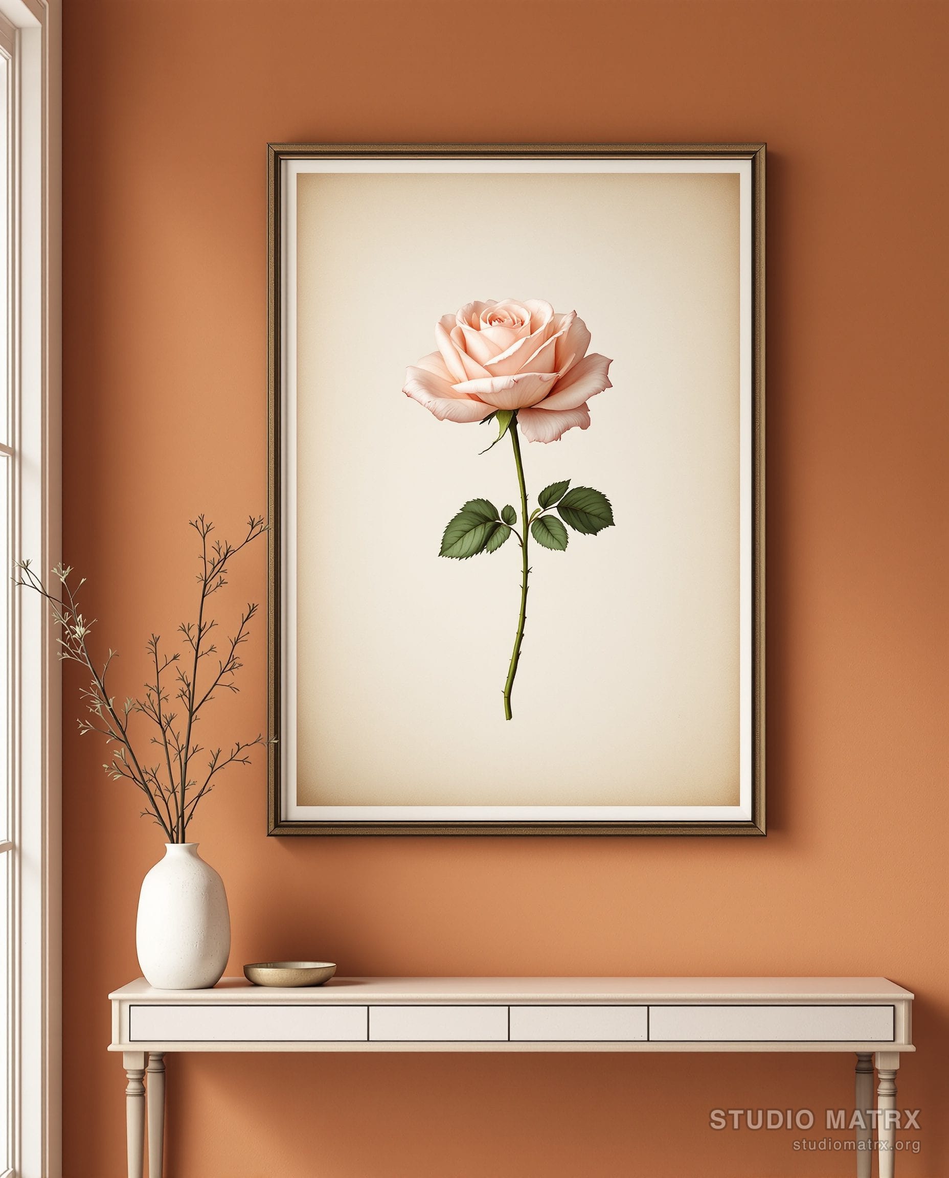 Vintage Rose Engraving Print — Terracotta Wall